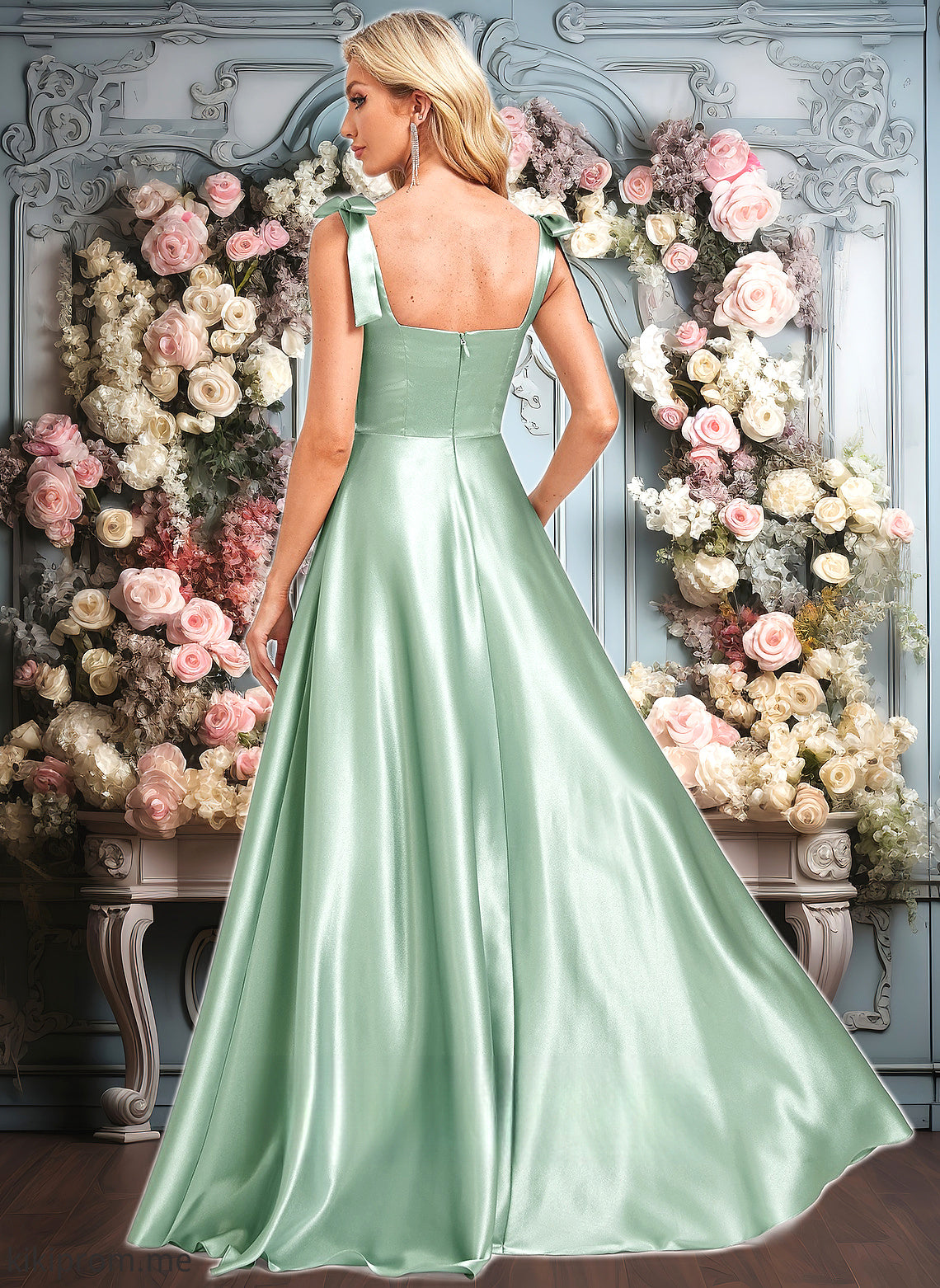 Everleigh A-line Square Floor-Length Stretch Satin Bridesmaid Dress With Bow HFP0025788