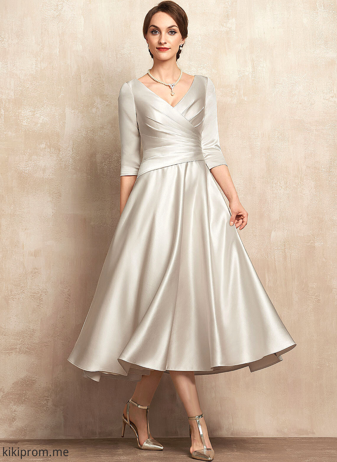 Bride Dress Ruffle A-Line Tea-Length of V-neck Mother With the Ashtyn Satin Mother of the Bride Dresses