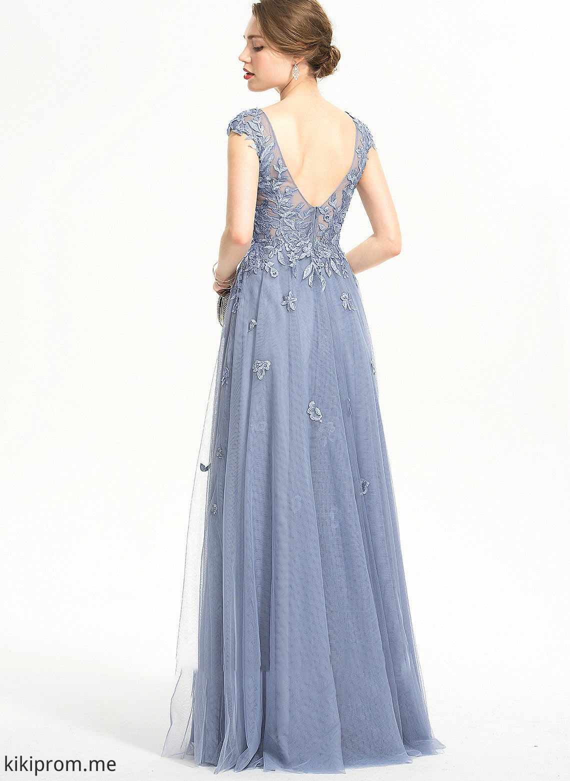 With V-neck Tulle Sequins A-Line Split Floor-Length Aniya Front Prom Dresses