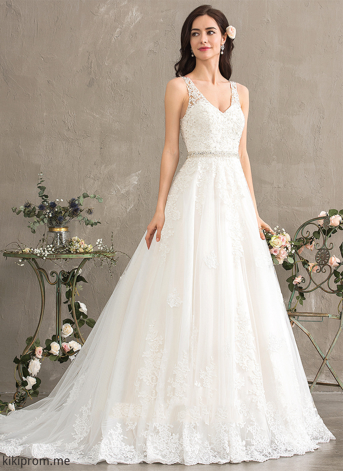 Sequins Beading Court Miah Ball-Gown/Princess V-neck Train Wedding Tulle Wedding Dresses With Dress Lace