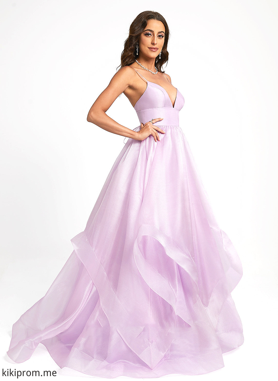 Emely Prom Dresses V-neck Sweep Organza Train Ball-Gown/Princess