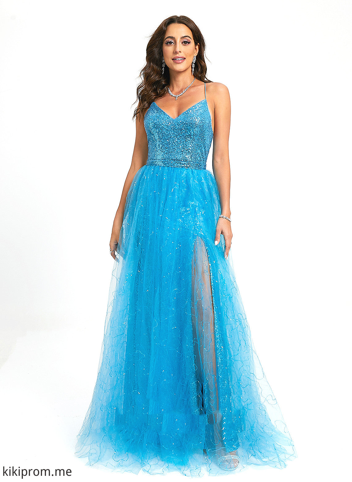 With Sequined Tulle Ball-Gown/Princess Prom Dresses Floor-Length Sequins Carolyn V-neck