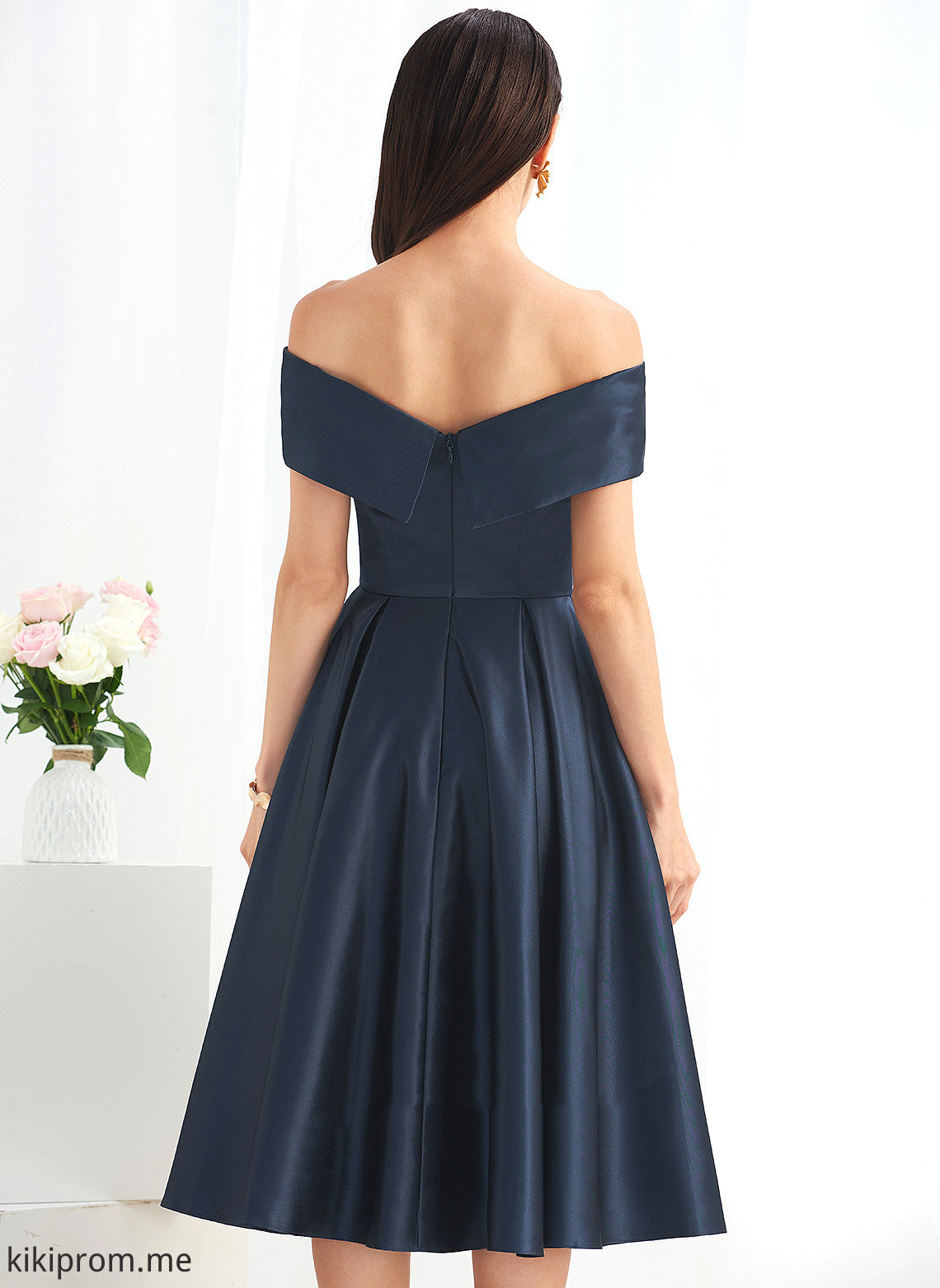 With Cocktail Dresses Off-the-Shoulder Satin Cocktail Rachael A-Line Knee-Length Dress Pockets