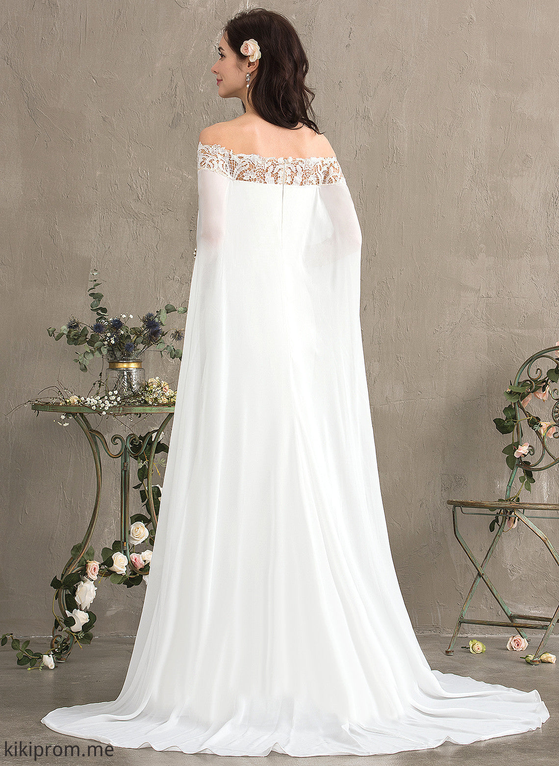 Wedding Dresses Court Lace Train With Sheath/Column Chiffon Lace Off-the-Shoulder Wedding Evangeline Dress