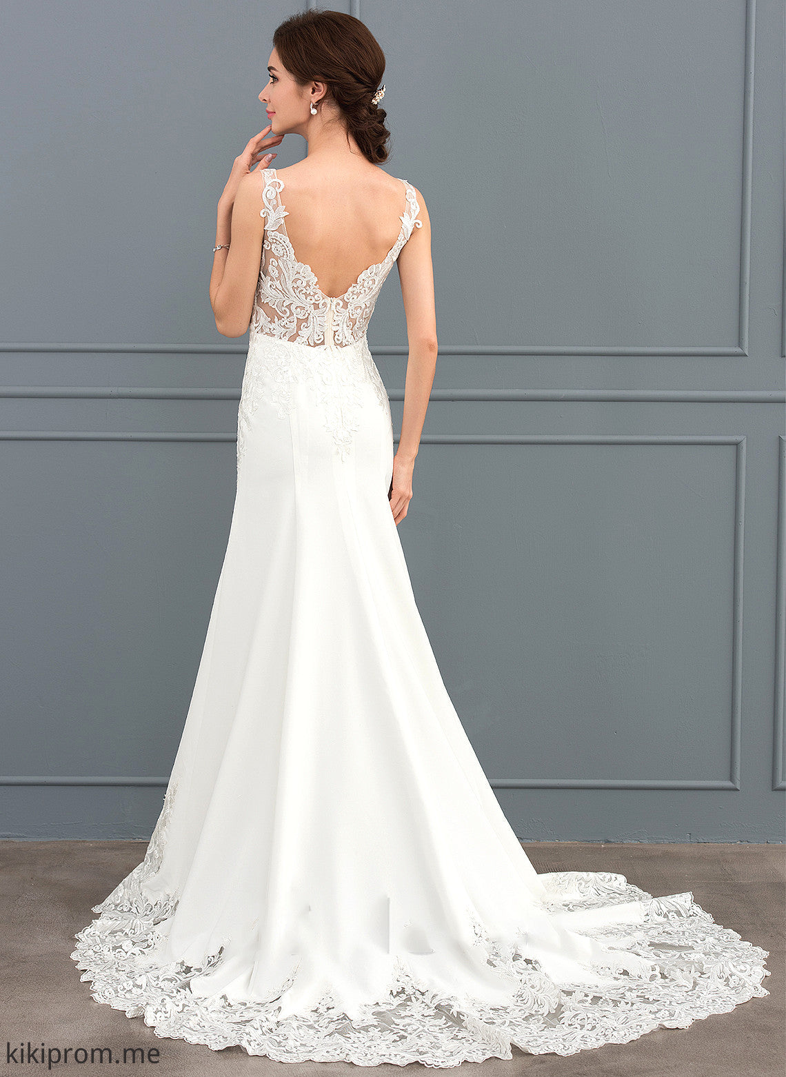 With Crepe Presley Dress Train Trumpet/Mermaid Lace Wedding Dresses Stretch V-neck Wedding Sequins Court