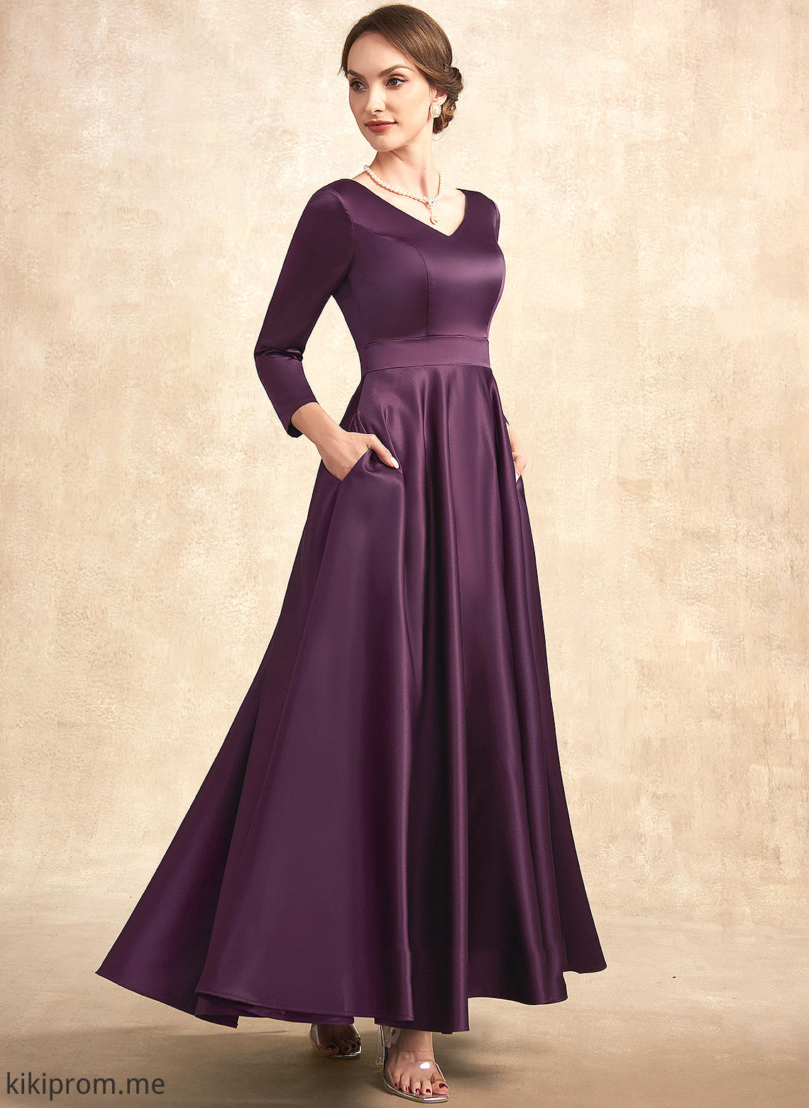 of Mother With Bride the V-neck A-Line Dress Carina Ankle-Length Mother of the Bride Dresses Pockets Satin