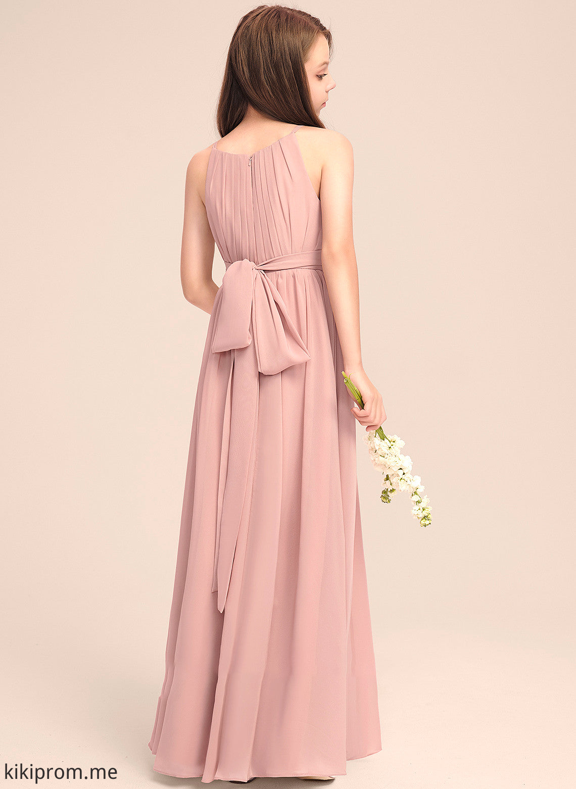 With Junior Bridesmaid Dresses Bow(s) Ruffle Chiffon Neck A-Line Ariel Floor-Length Scoop