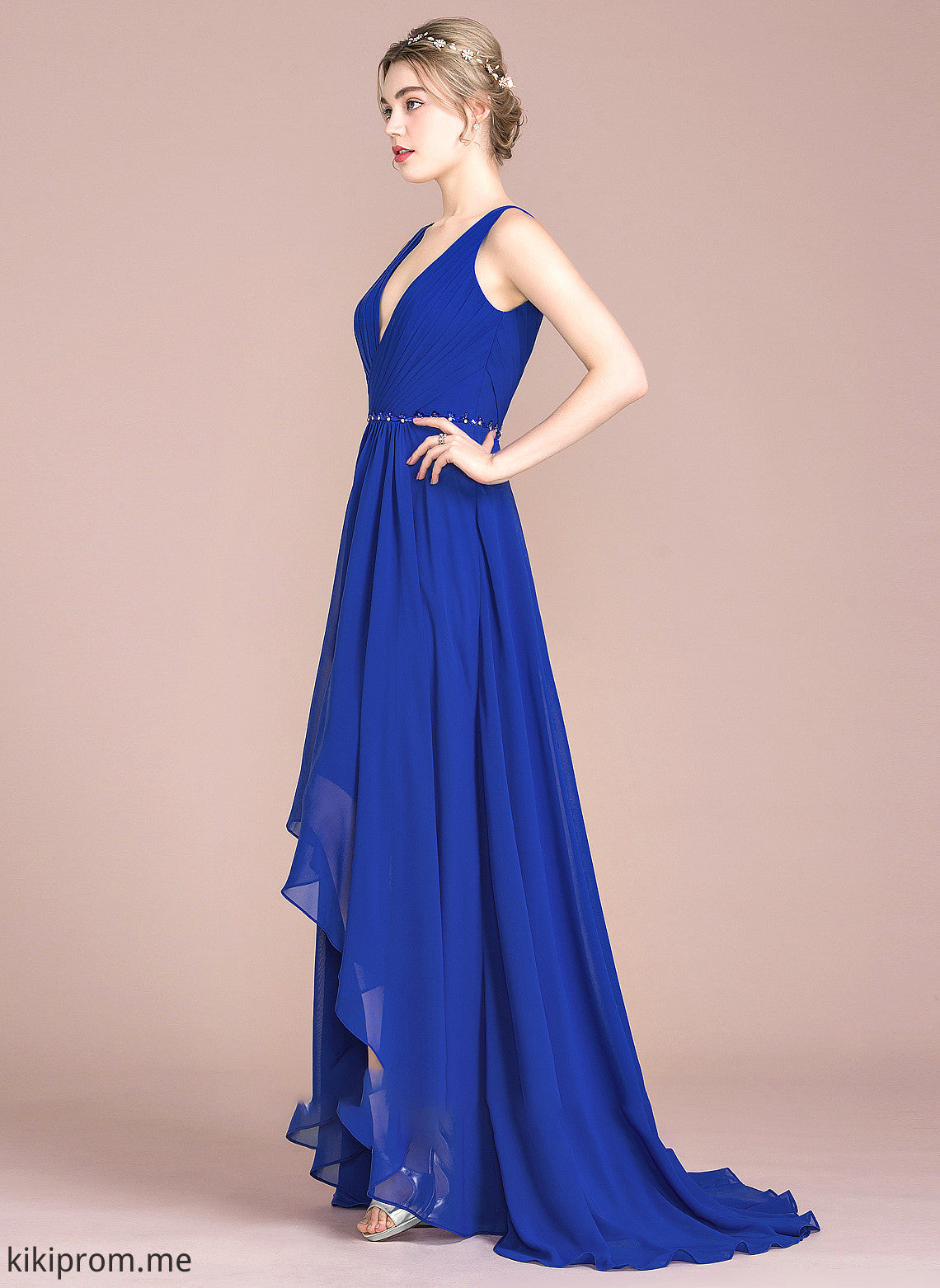 Asymmetrical Chiffon V-neck Prom Dresses Sequins Haven Ruffle With A-Line Beading