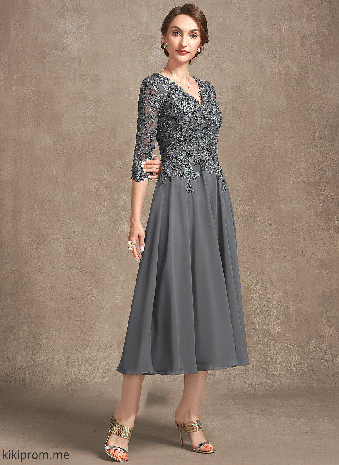 Sequins the With Chiffon Beading A-Line Mother V-neck Dress Mother of the Bride Dresses Tea-Length Leticia Lace of Bride