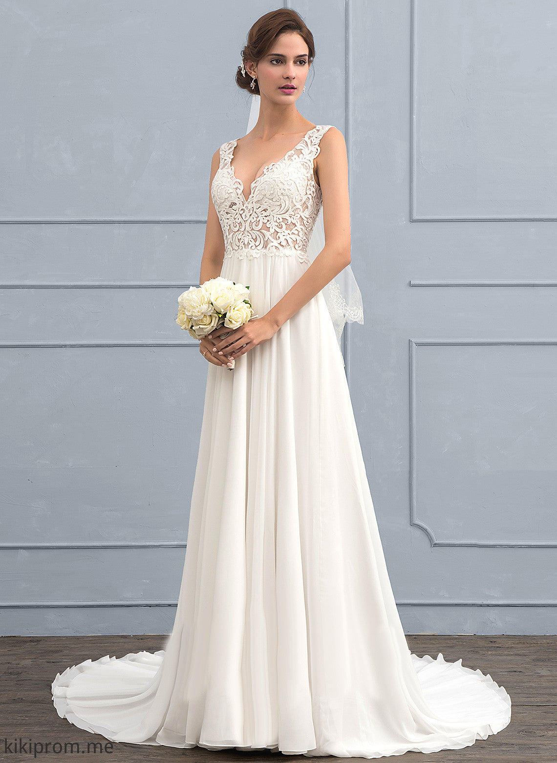 Court Genevieve Lace Wedding Dresses Chiffon Wedding A-Line V-neck Dress Train