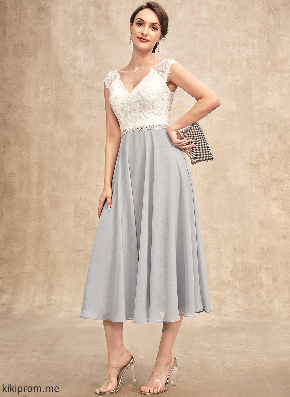 V-neck Tea-Length Dress Mother Chiffon Lace Bride the Beading of Nataly A-Line With Mother of the Bride Dresses