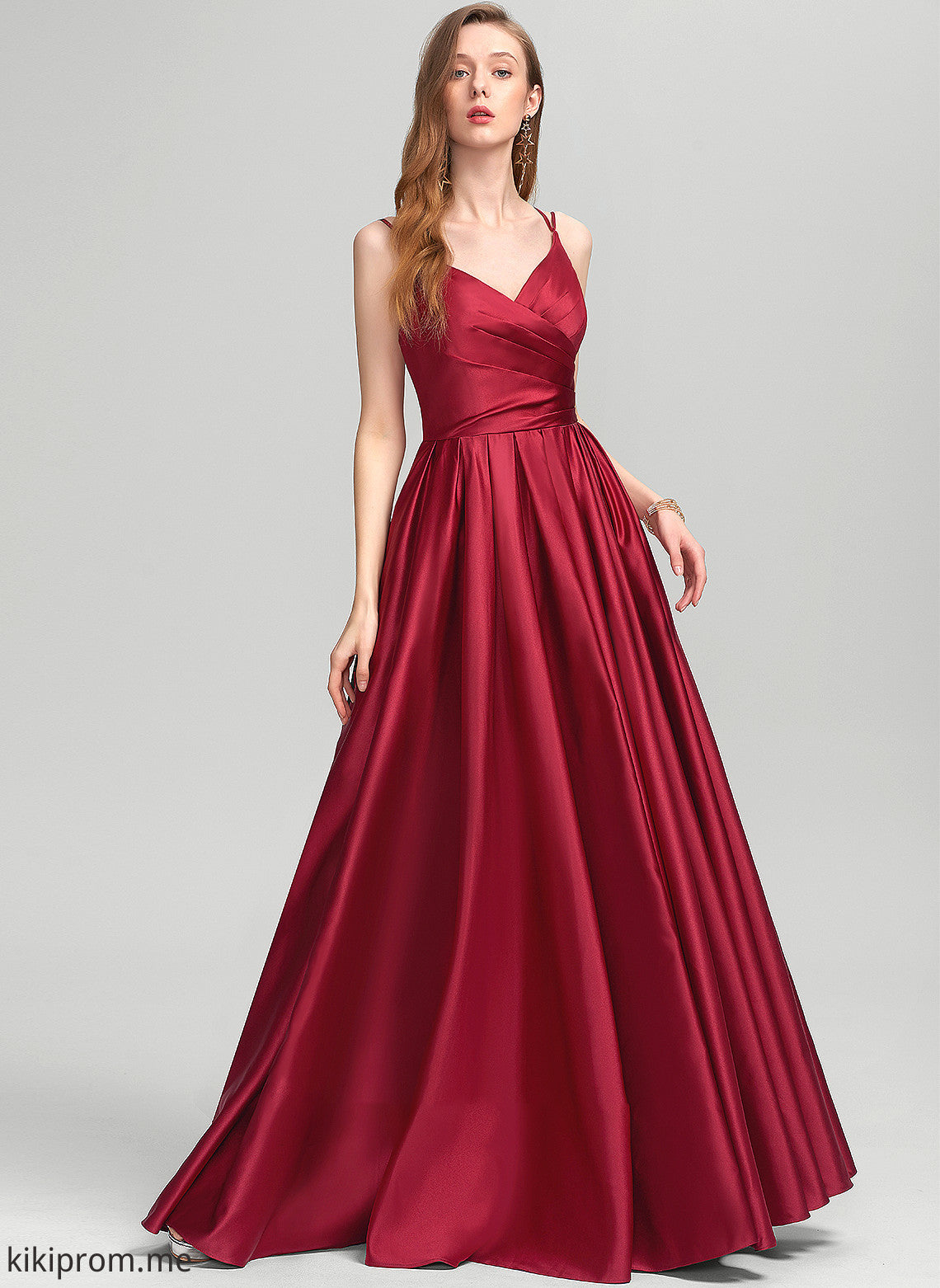 With Pockets A-Line Ruffle V-neck Prom Dresses Jordyn Satin Floor-Length