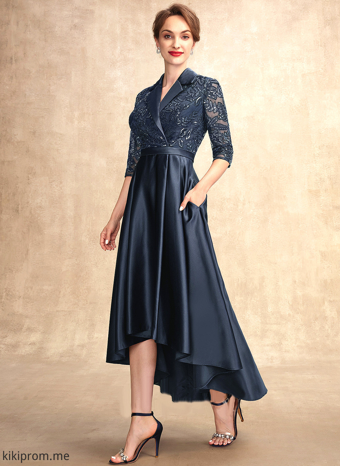 Lace Bride Pockets Mother of the Bride Dresses Kaitlyn Dress Satin V-neck With Asymmetrical A-Line of the Sequins Mother