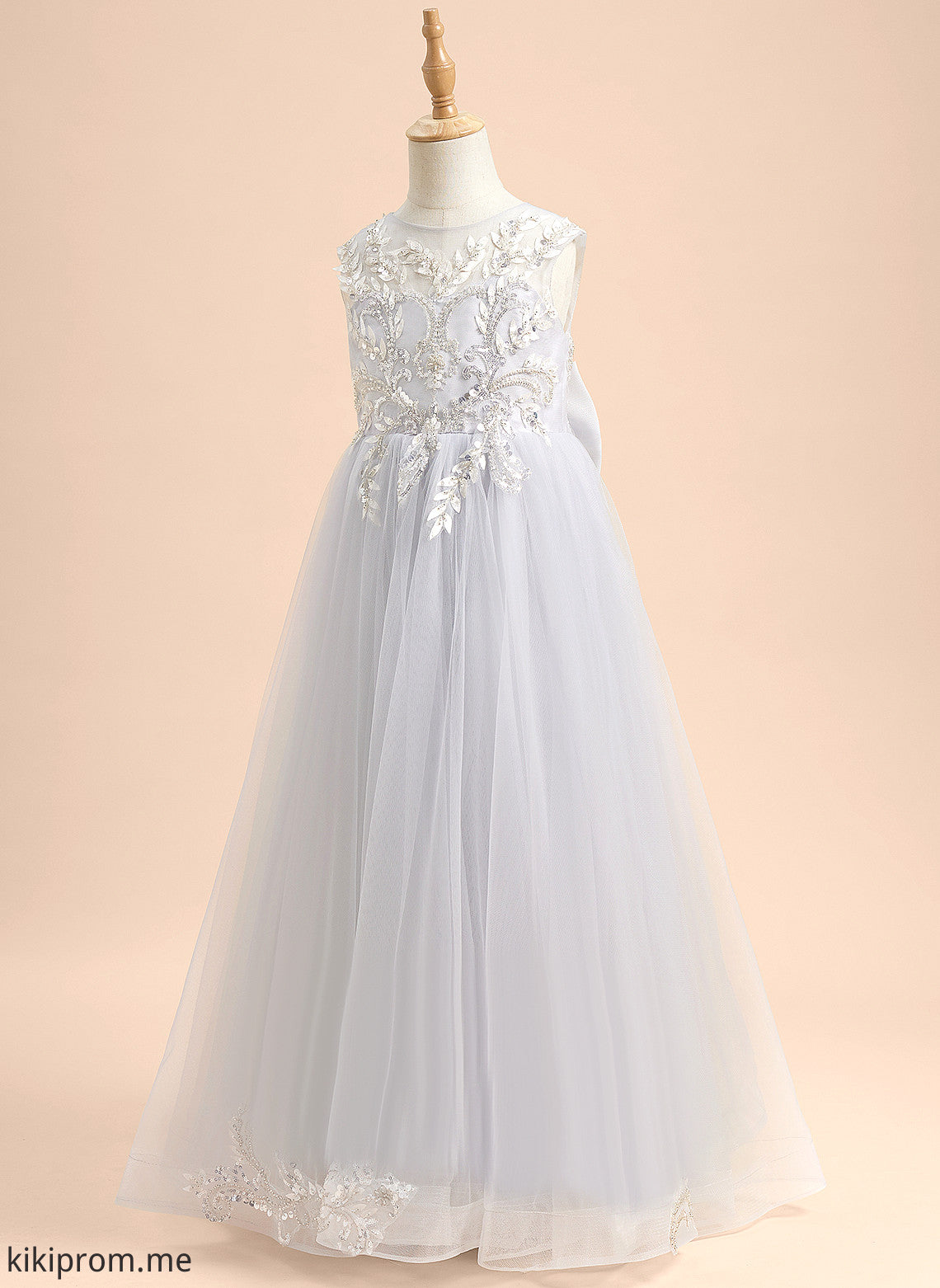 With Floor-length Sleeveless Janiyah Beading/Sequins/Bow(s) Neck Dress - Flower A-Line Girl Scoop Tulle Flower Girl Dresses