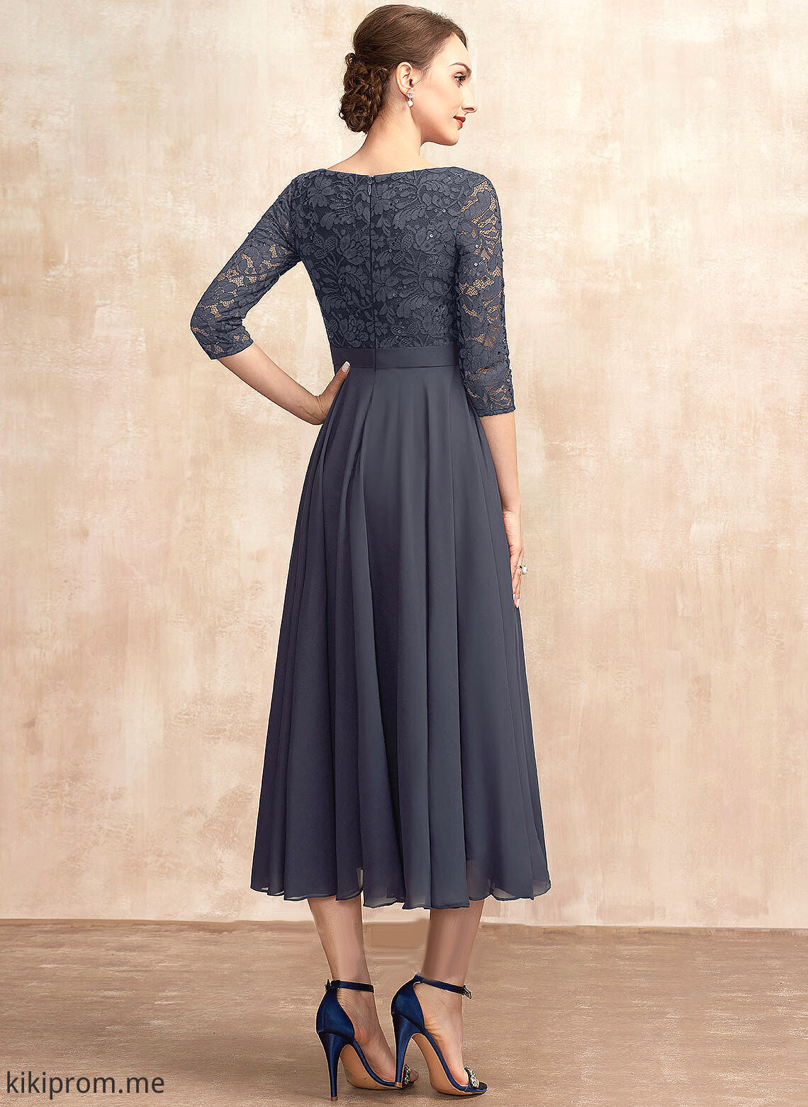 Dress Tea-Length Neck Chiffon the Mother Jessie Mother of the Bride Dresses Lace Sequins of With Scoop Bride A-Line