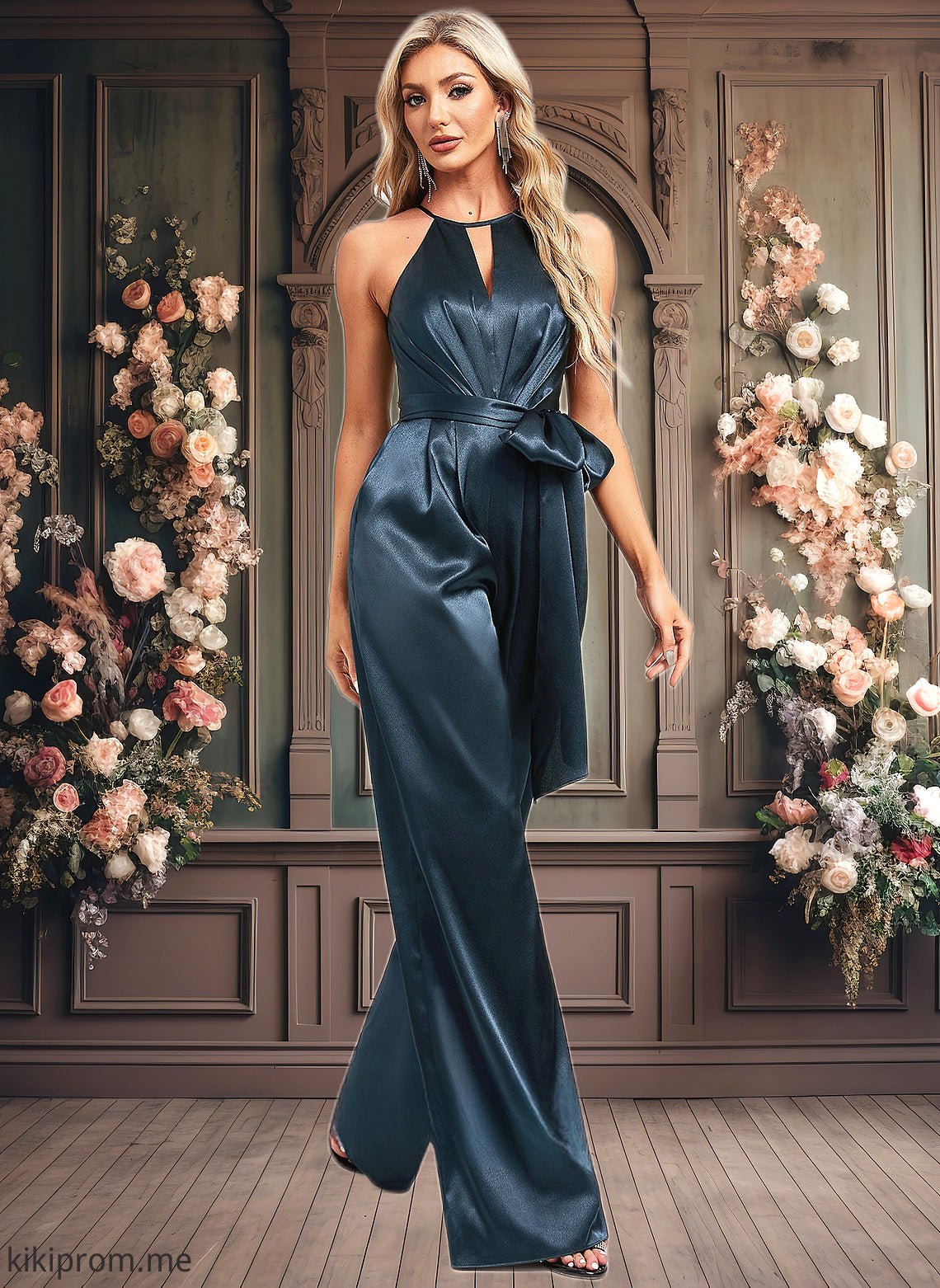 Elisa Jumpsuit/Pantsuit Halter Floor-Length Stretch Satin Bridesmaid Dress HFP0025805