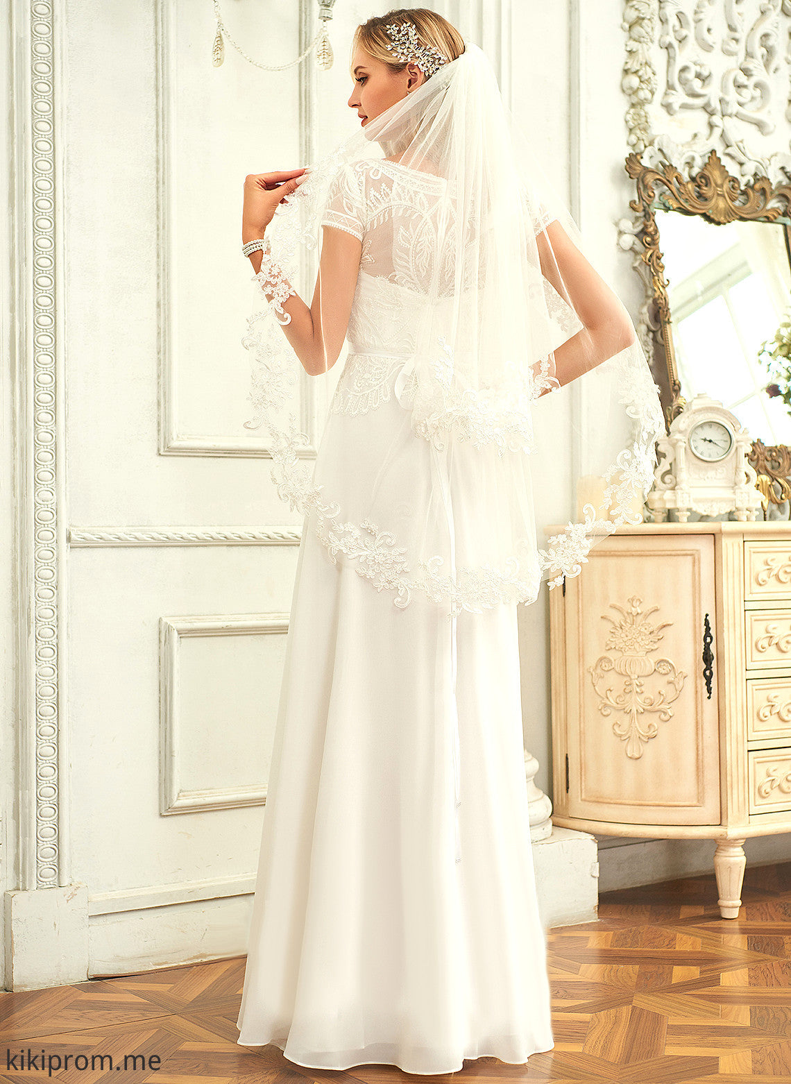 With Floor-Length Neck Kallie Lace Sequins Scoop Wedding Dress Chiffon Wedding Dresses