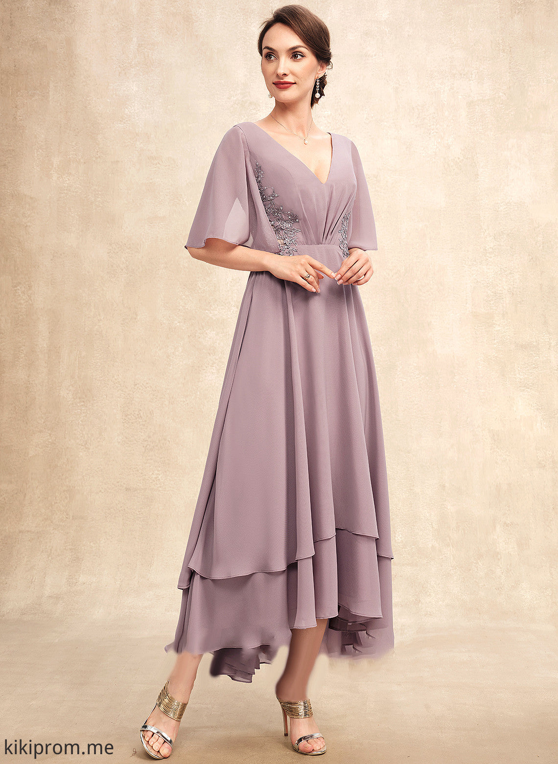 Mother of the Bride Dresses Lace Beading Chiffon With Asymmetrical A-Line Dress Mother Bride of Ruffle Lyric the V-neck