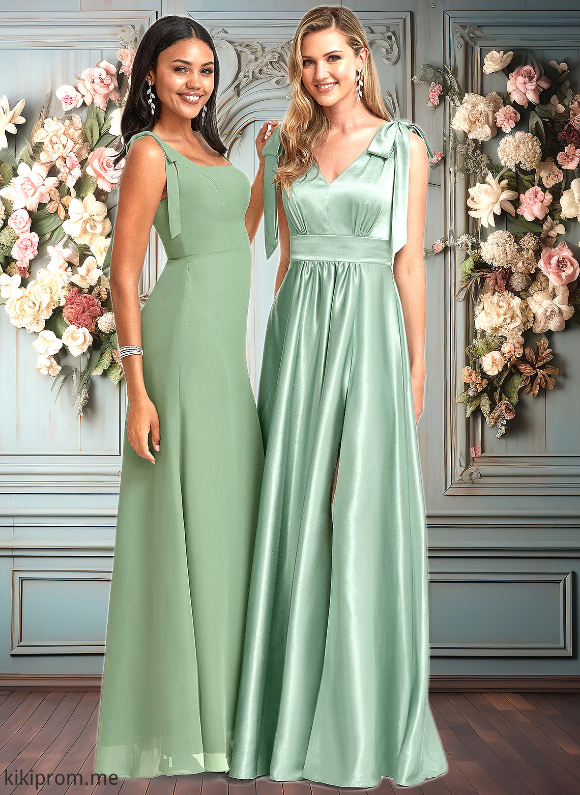 Norah A-line V-Neck Floor-Length Stretch Satin Bridesmaid Dress With Bow HFP0025737