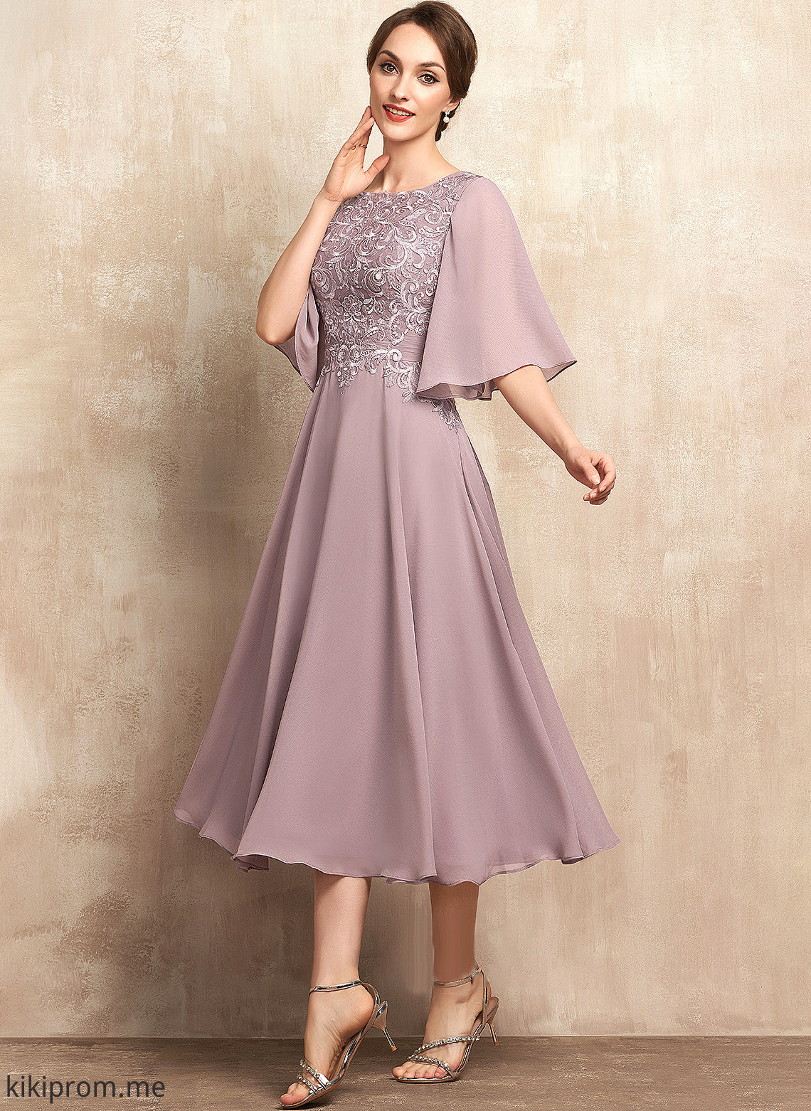 Susan Bride Mother Chiffon of Neck Mother of the Bride Dresses Scoop Lace Tea-Length A-Line the Dress