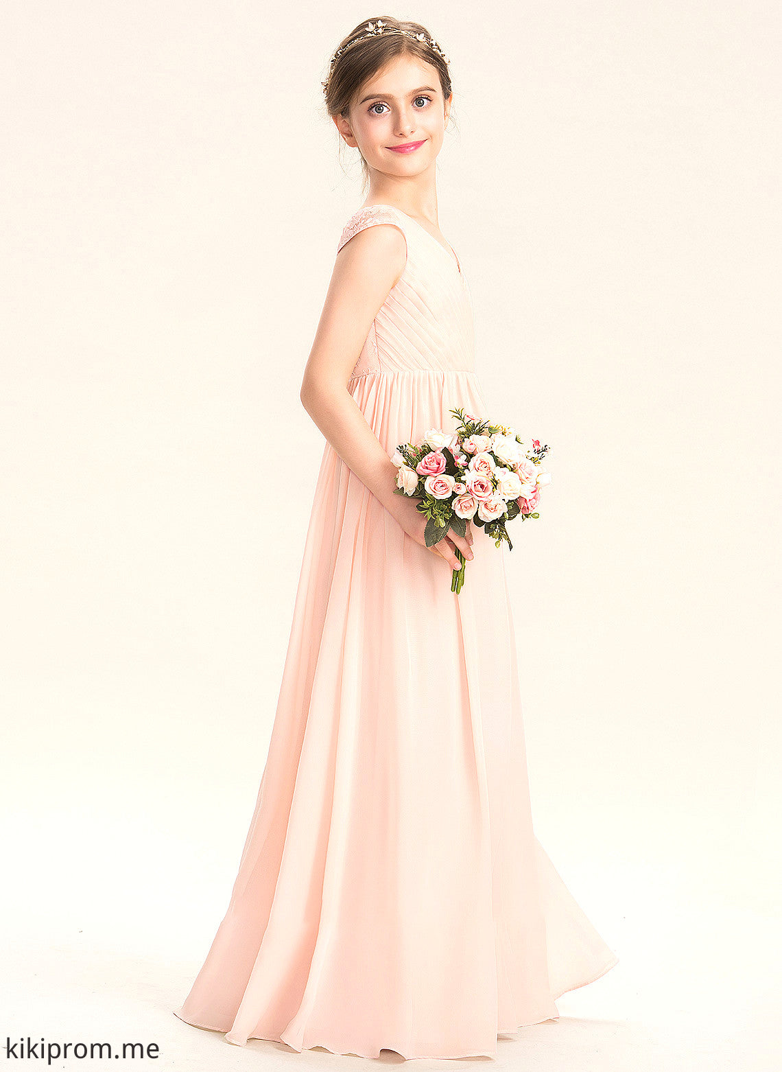 With V-neck A-Line Floor-Length Tess Chiffon Lace Ruffle Junior Bridesmaid Dresses