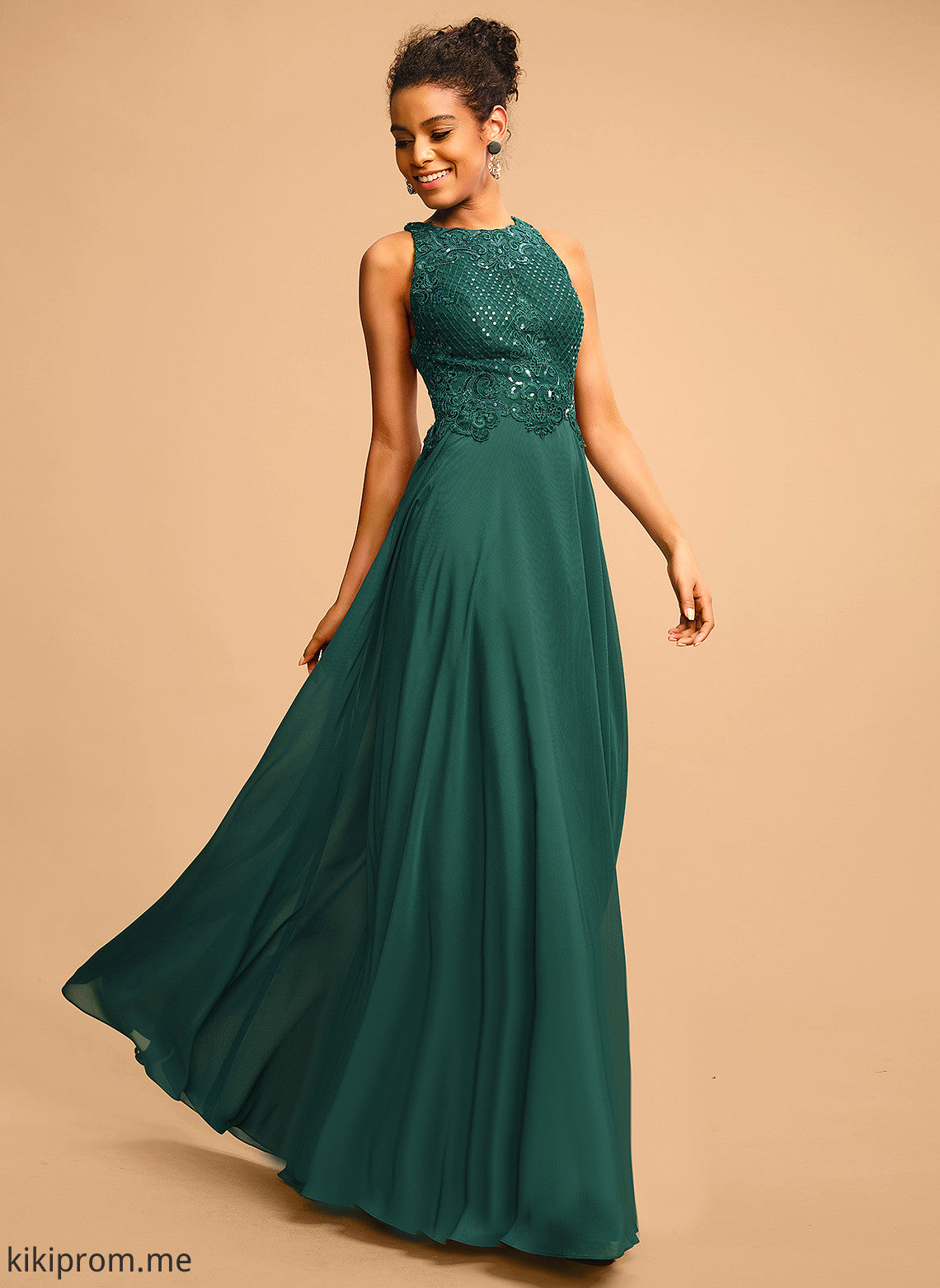 With Scoop Madilyn A-Line Floor-Length Lace Prom Dresses Chiffon Sequins