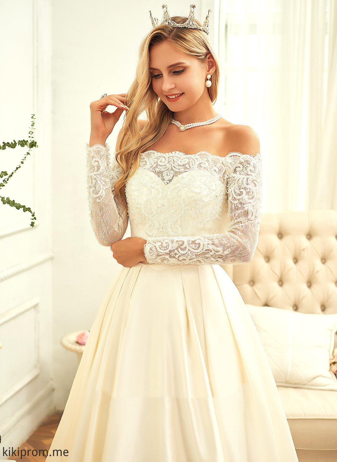 Satin Wedding Dresses With Train Dress Wedding Kaleigh Ball-Gown/Princess Beading Sweep Lace Sequins Off-the-Shoulder