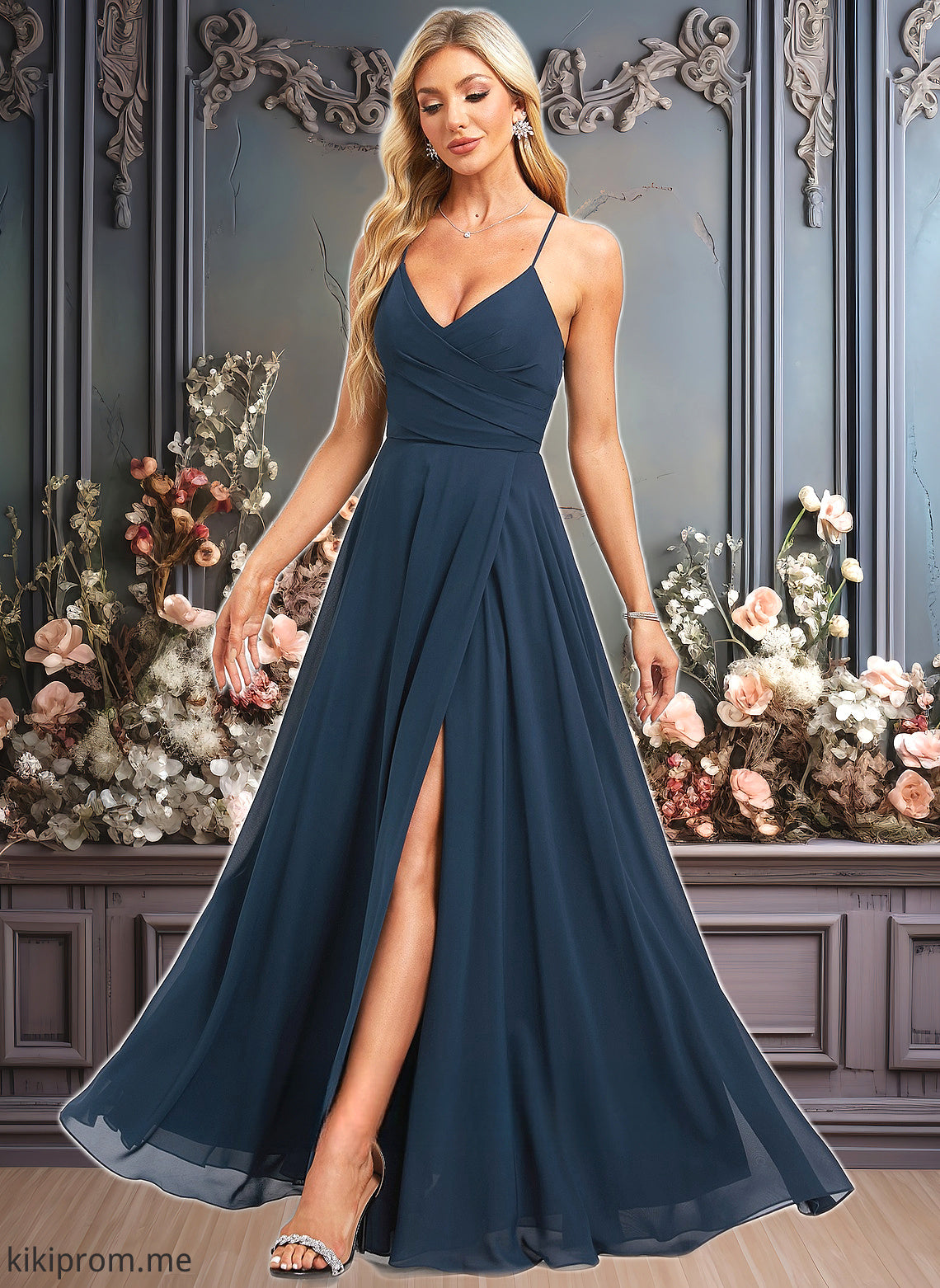 Greta A-line V-Neck Floor-Length Chiffon Prom Dresses With Pleated HFP0025830