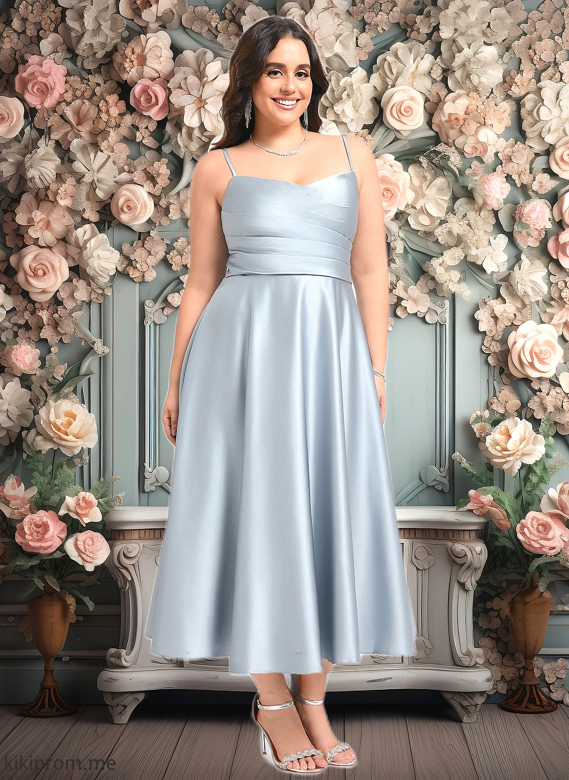 Pamela A-line V-Neck Tea-Length Satin Bridesmaid Dress HFP0025794