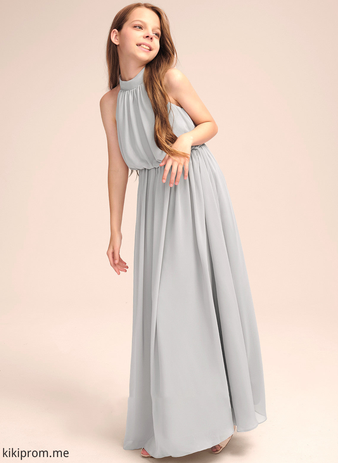 With Floor-Length Ruffle Camille A-Line High Chiffon Neck Junior Bridesmaid Dresses