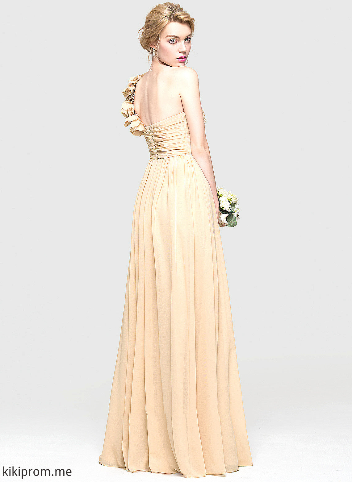 A-Line Kailey Floor-Length One-Shoulder Flower(s) Prom Dresses With Chiffon Ruffle