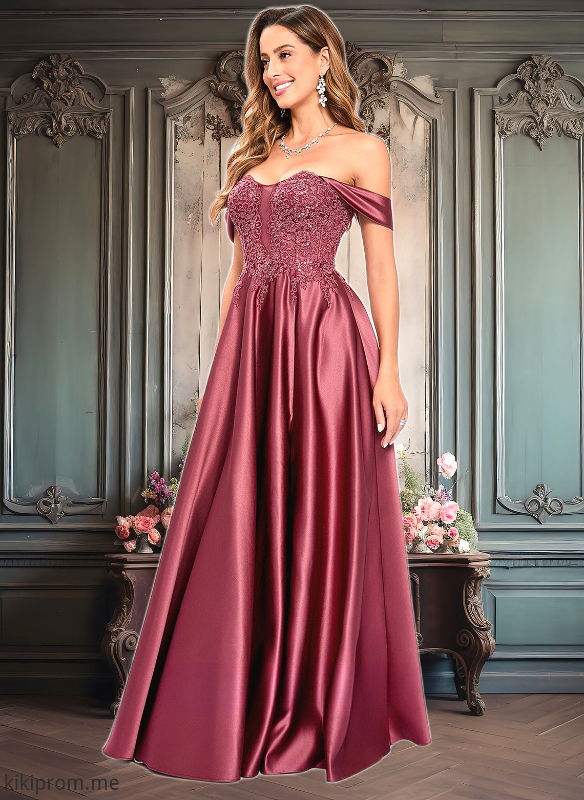 Gretchen A-line Off the Shoulder Floor-Length Satin Lace Prom Dresses With Sequins HFP0025841