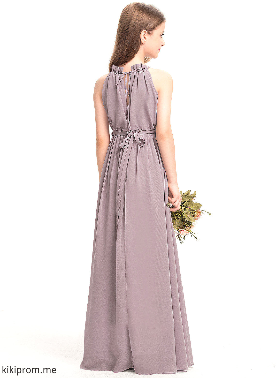 With A-Line Neck Cascading Floor-Length Jayleen High Chiffon Junior Bridesmaid Dresses Ruffles Bow(s)