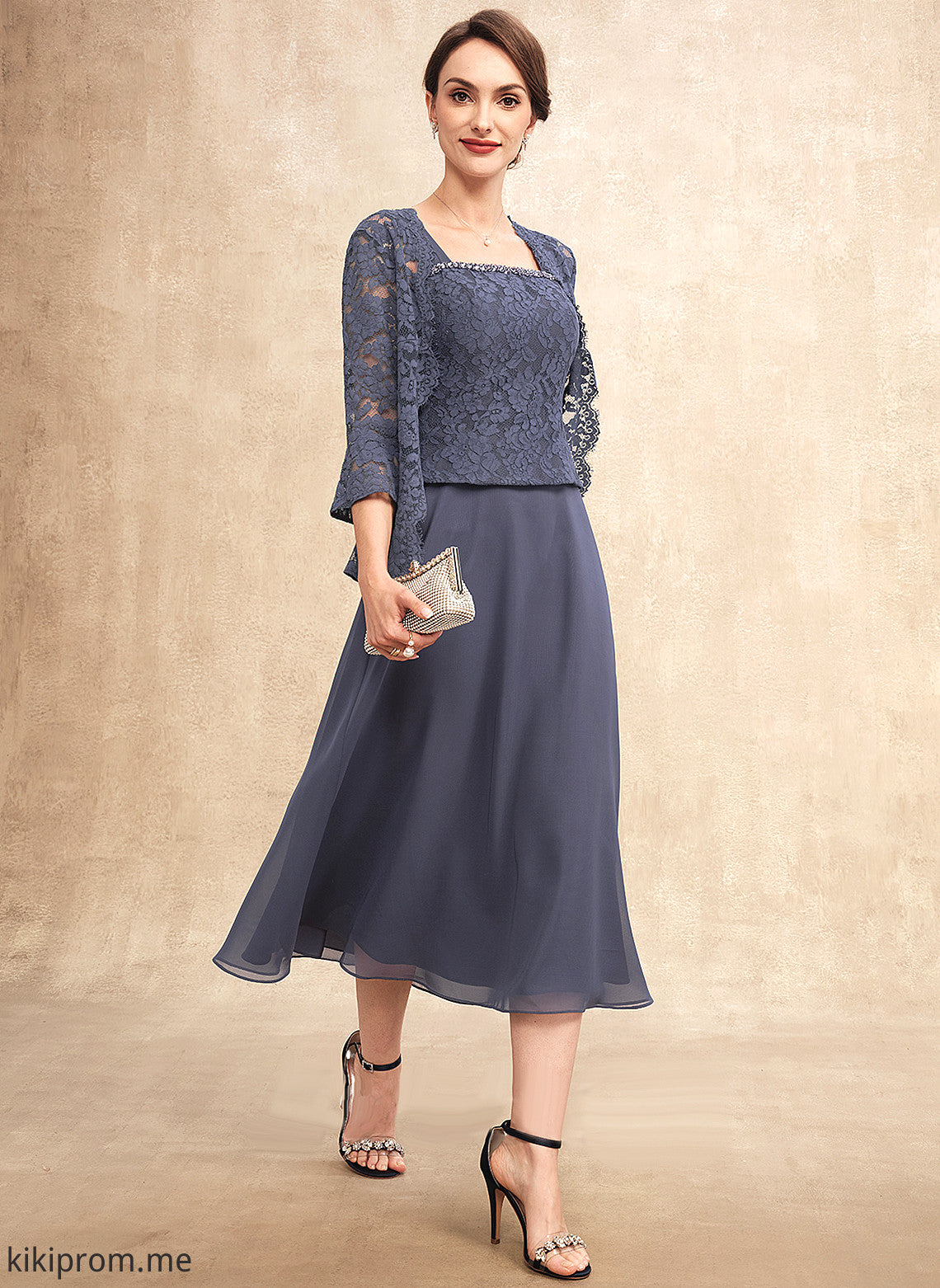 Mother With Mother of the Bride Dresses A-Line of Square Lace Kitty Chiffon the Neckline Dress Tea-Length Beading Bride