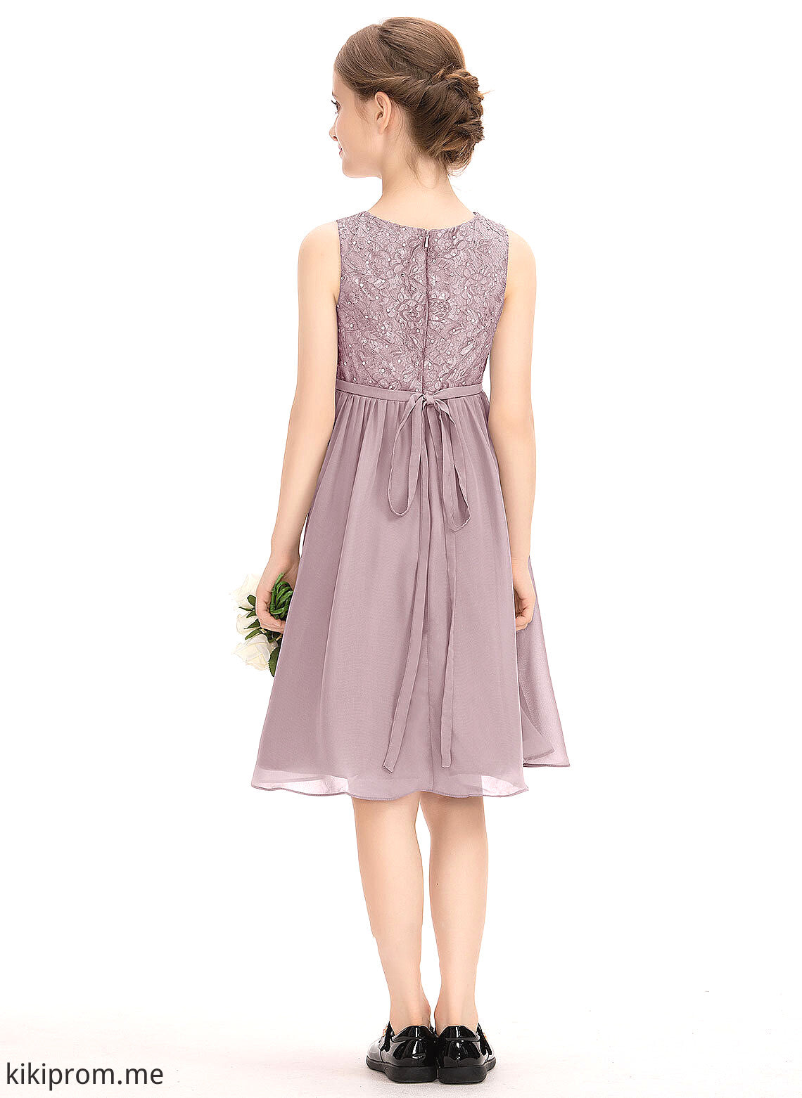 With Neck Scoop Bow(s) A-Line Junior Bridesmaid Dresses Jewel Knee-Length Beading Chiffon Lace