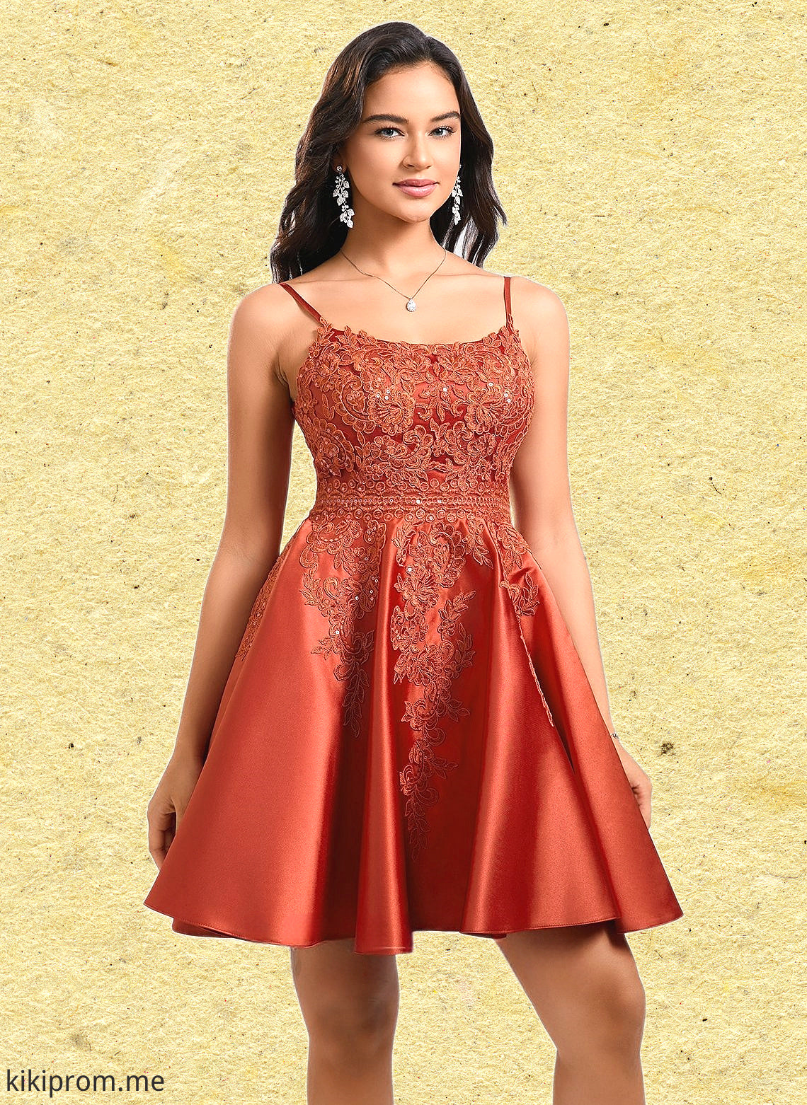 Jamiya A-line Scoop Short Satin Lace Homecoming Dress With Sequins HFP0025683