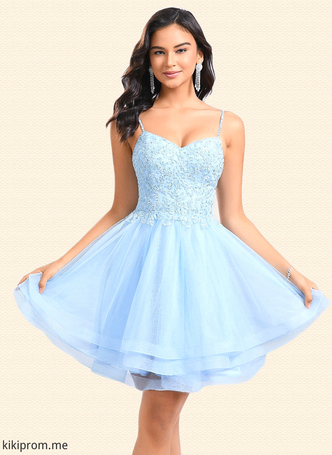 Angeline A-line V-Neck Short Lace Tulle Homecoming Dress With Rhinestone Sequins HFP0025658