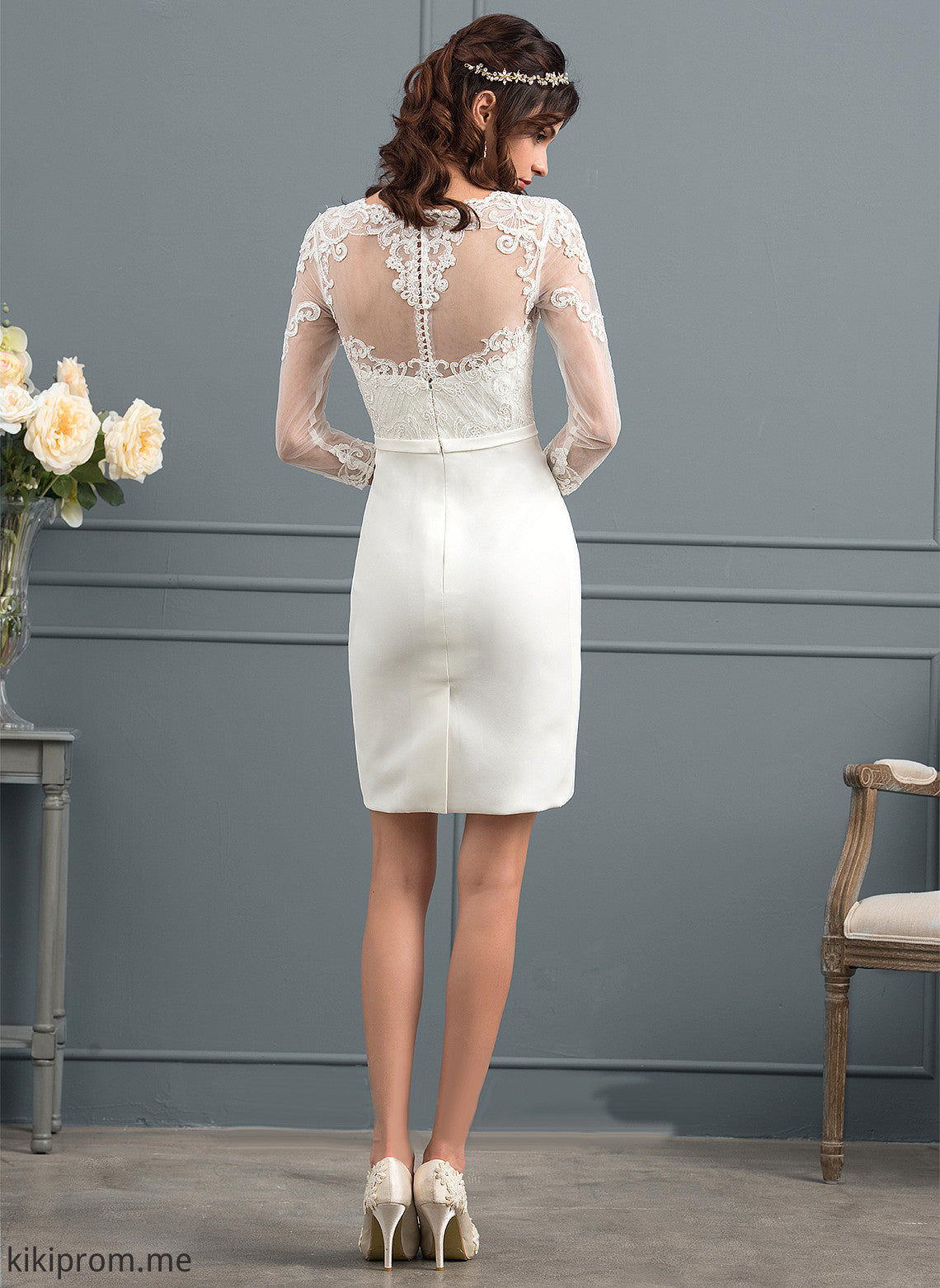 With Abigayle Wedding Crepe Dress Lace Knee-Length Stretch Bow(s) Wedding Dresses Sequins Sheath/Column Illusion