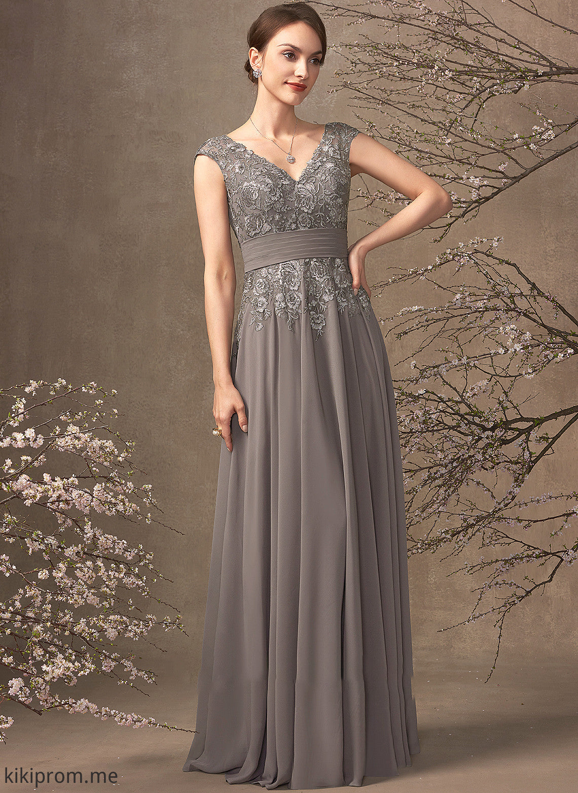 A-Line of Floor-Length Sequins Mother of the Bride Dresses Cloe Bride Chiffon Dress the Lace Ruffle With V-neck Mother