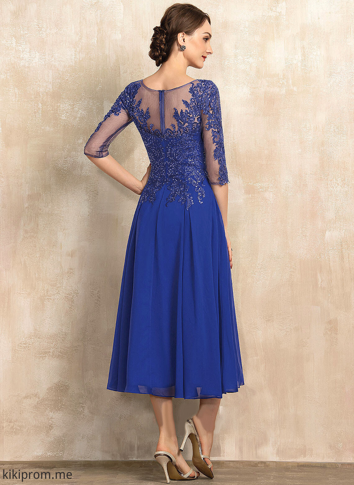 Carlie Tea-Length Neck Sequins the A-Line of Mother of the Bride Dresses With Bride Lace Chiffon Scoop Mother Dress