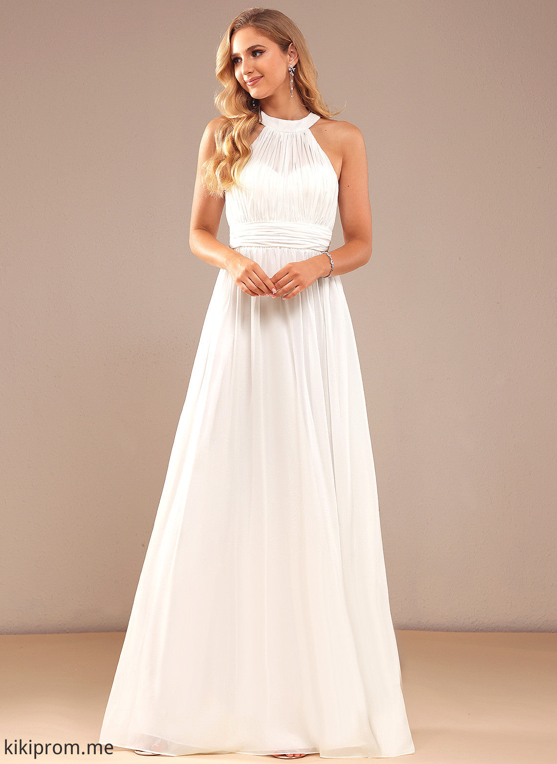 Wedding Dress Leila A-Line High Wedding Dresses Chiffon Floor-Length Ruffle With Neck