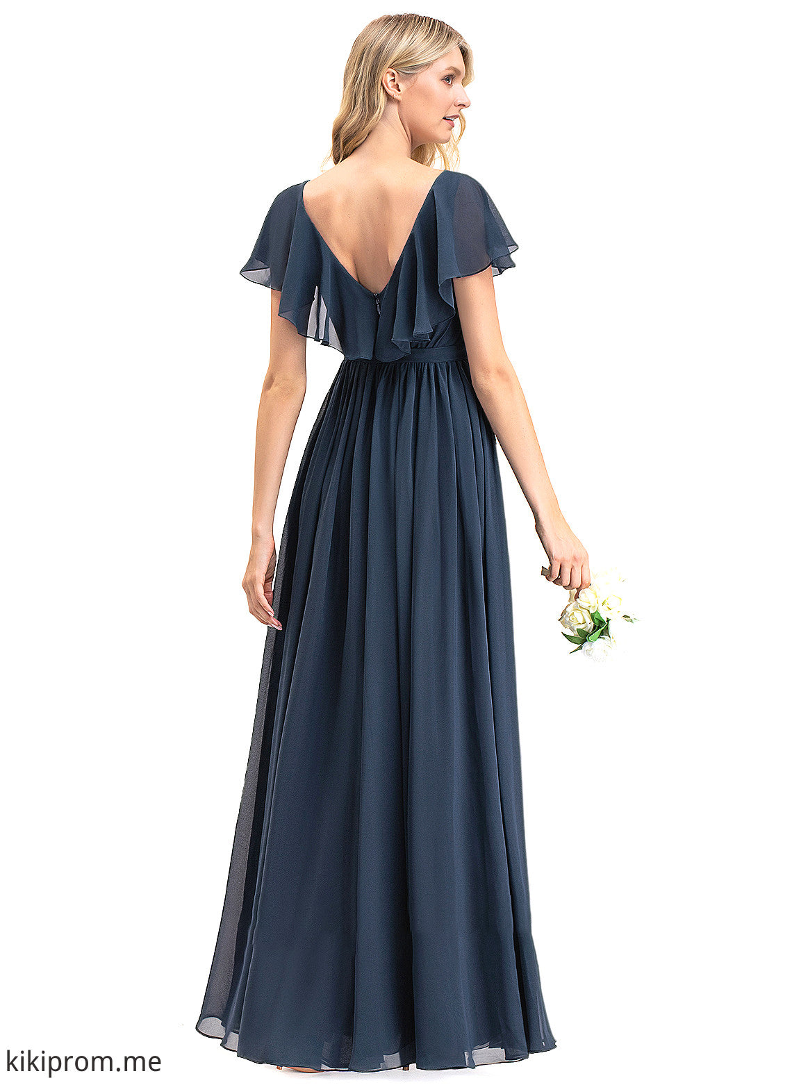 V-neck Chiffon With Split Bow(s) Floor-Length A-Line Prom Dresses Cascading Ruffles Front Sienna