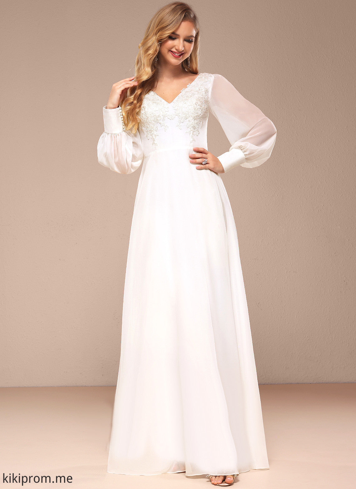 With A-Line V-neck Sequins Wedding Hortensia Wedding Dresses Floor-Length Chiffon Lace Dress