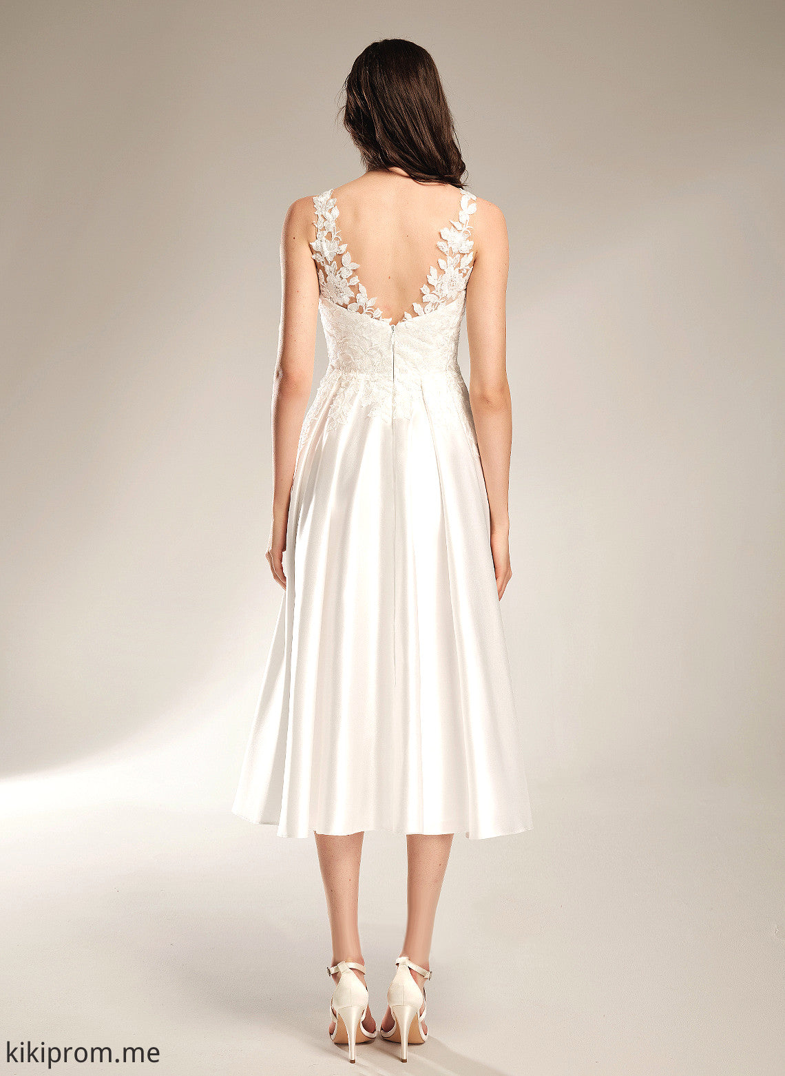 A-Line Wedding Dresses With Lace Wedding Pockets Jamie Satin Tea-Length Dress V-neck