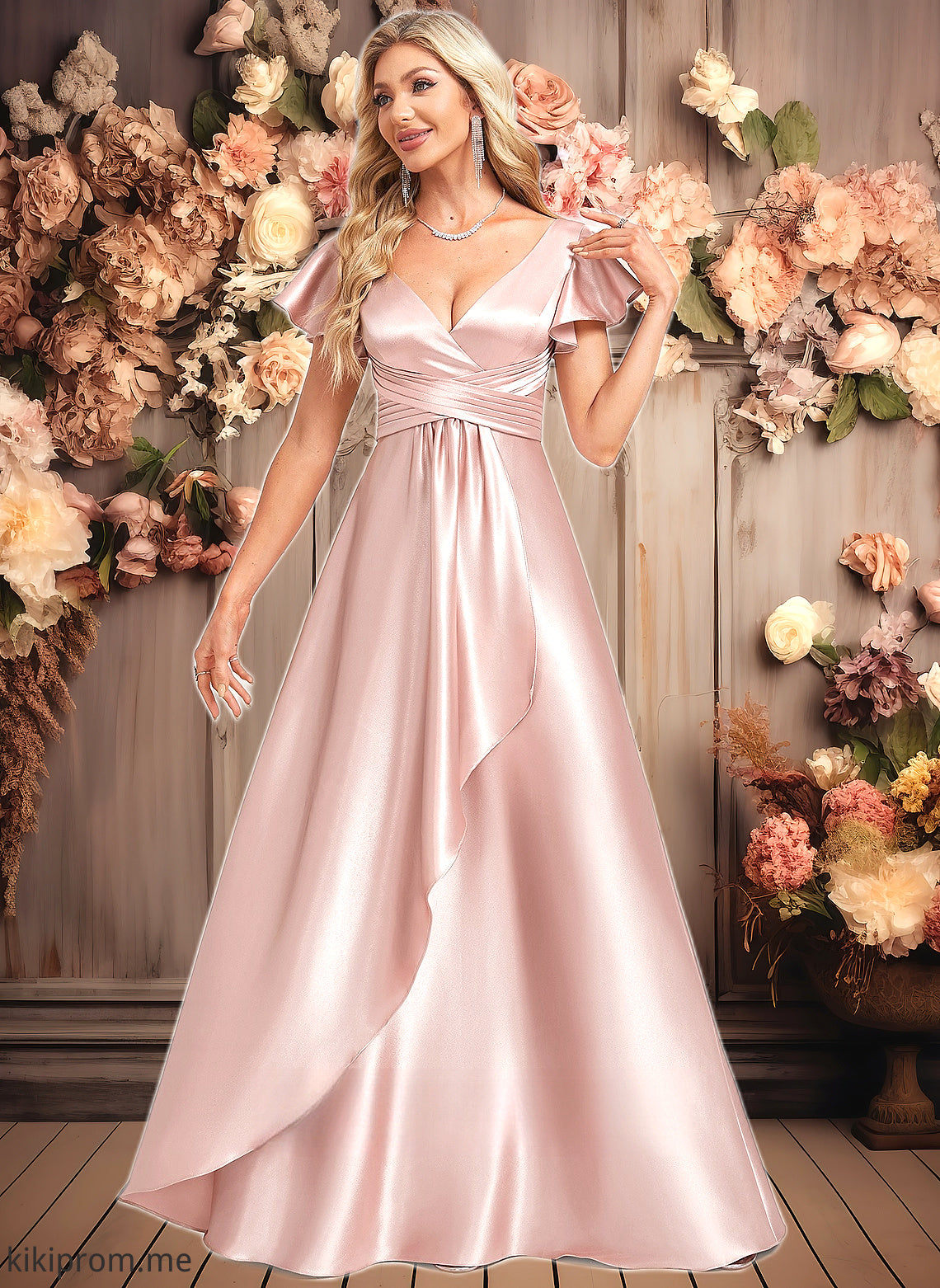 Uerica A-line V-Neck Floor-Length Stretch Satin Bridesmaid Dress With Ruffle HFP0025787