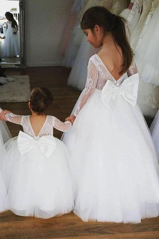 Ball Gown Lace Long Sleeves Flower Girl Dress With Bowknot Back, Round Neck Baby Dresses STF15058