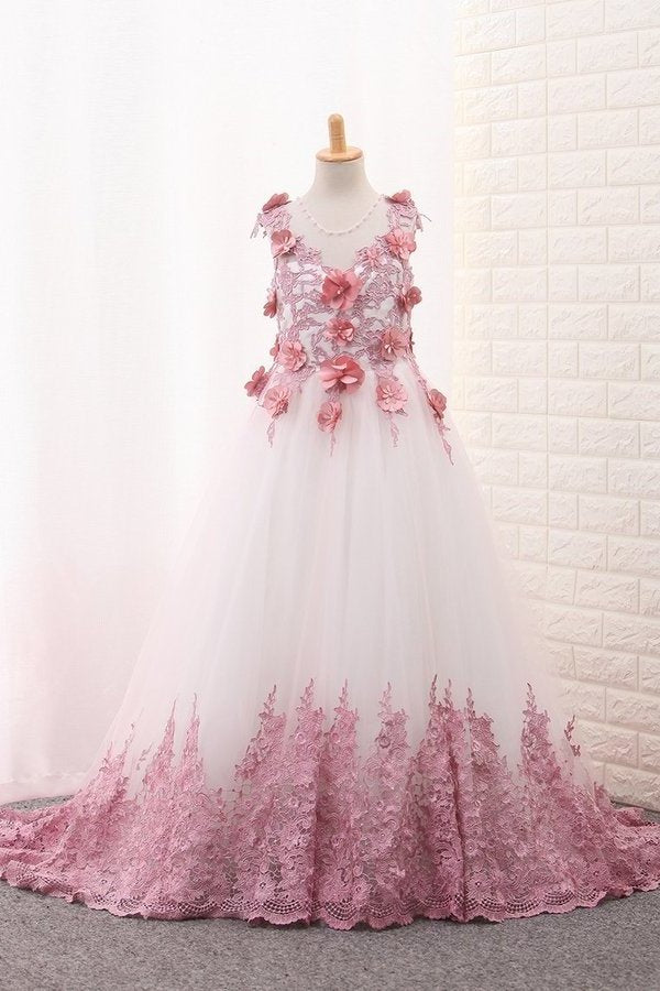 2024 Scoop A Line Tulle Flower Girl Dresses With Applique P7JAHK9X