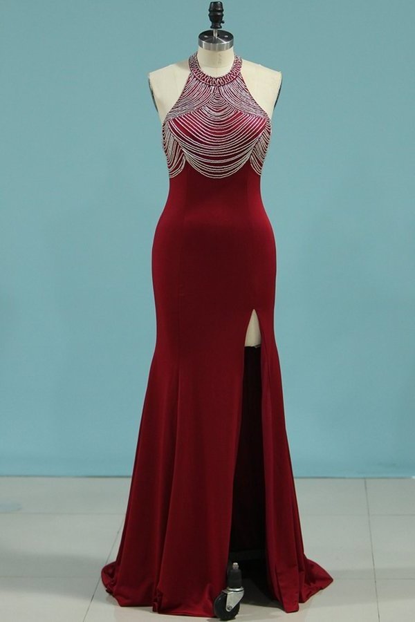 2024 Mermaid Scoop Spandex With Beads And Slit Prom Dresses P9ECR18N