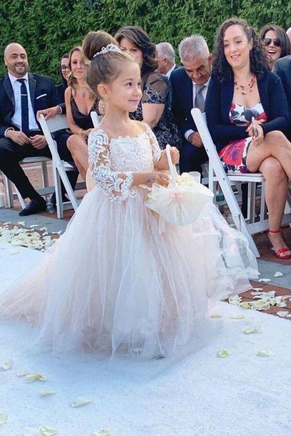 Ball Gown Long Sleeve Tulle Appliques Flower Girl Dresses with Bowknot, Baby Dresses STF15560