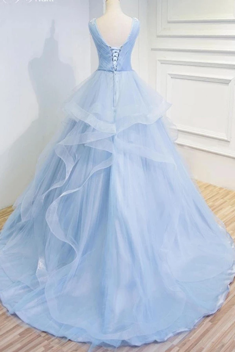 Puffy V Neck Sleeveless Tulle Prom Dress With Appliques Quinceanera STFP4EM4EZY